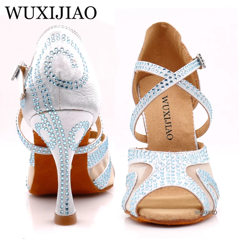 WUXIJIAO diamond silver satin Latin dance shoes ladies salsa party rhinestone ballroom dancing shoes women's shoes 9cm