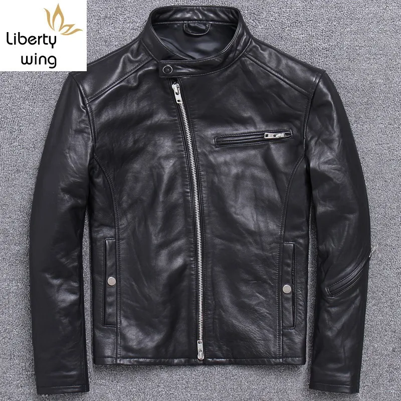 

High Quality Mens Natural Sheepskin Biker Slim Fit Stand Collar Genuine Leather Jacket Windproof Riding Outwear Plus Size