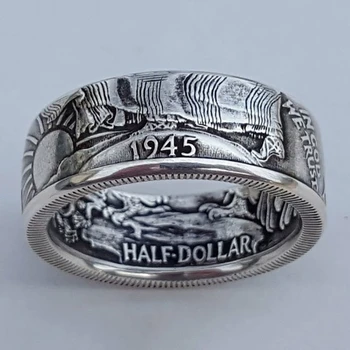 

American Classy Design Coin Rings Vintage Handmade Morgan Silver Color Dollar 1945 Carved "HALF-DOLLAR" Ring Collecting Jewelry