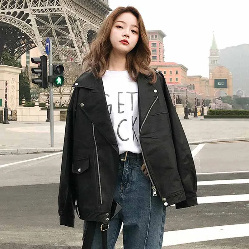 

Fashion Oversized Coat Women Faux Leather Jacket Spring Autumn Loose Biker Motorcycle Jackets Female Punk Streetwear