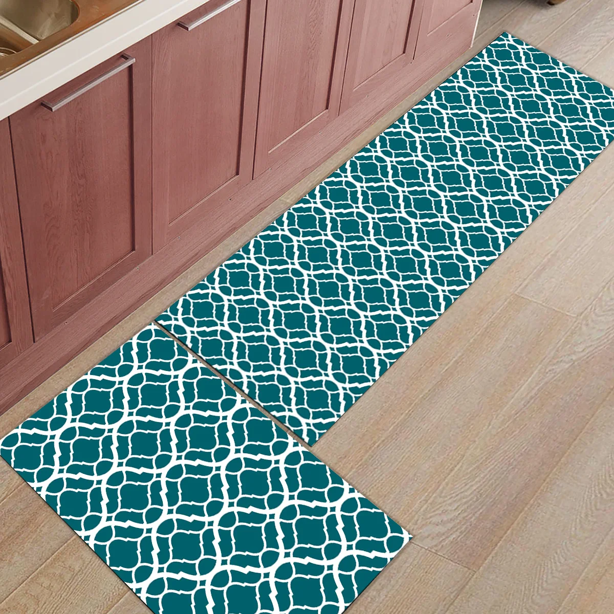 Moroccan Green Pattern 2 Piece Mat For Kitchen Under A Pet Water Food Bowl Bathroom Accessories Set Dirt Debris Mud Trapper Boot