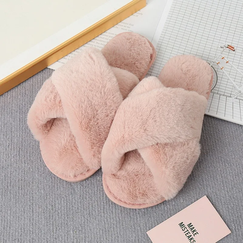 Fur Slippers Women Faux Furry Cross 