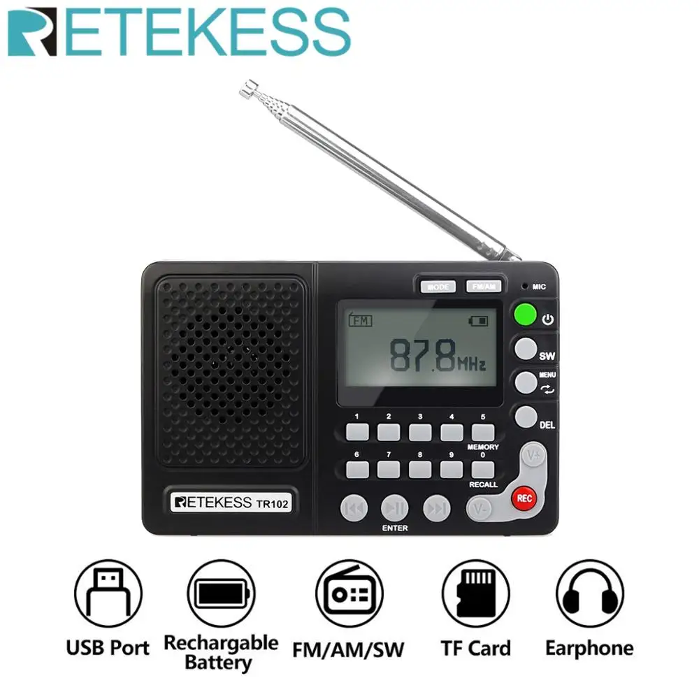 Retekess TR102 портативное радио FM/AM/SW World Band FM mp3 плеер REC рекордер с таймером сна черный