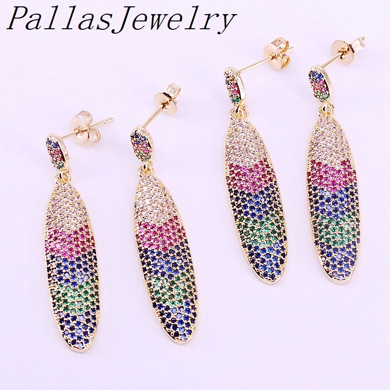 Pave para as Mulheres Pares Moda Gold Filled Oval Dangle Brinco Colorido Multi cz Micro Senhora 3
