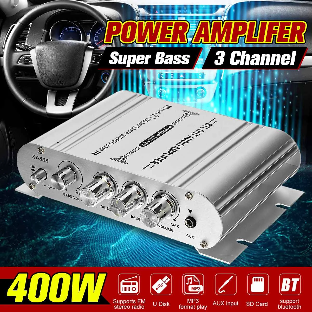 12V3A 400W 3 Channel Power Amplifier Hi-Fi Stereo Speakers Amplifier Audio Sound Home Theater Amplifier Super Bass Support