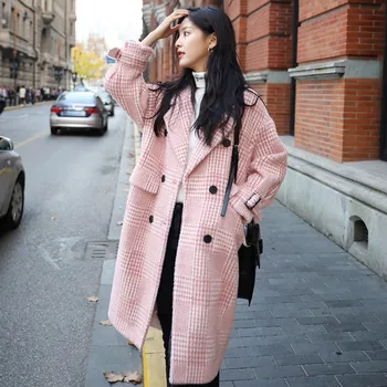

Imitation water velvet wool coat female 2019 winter new Korean popular small man long tartan