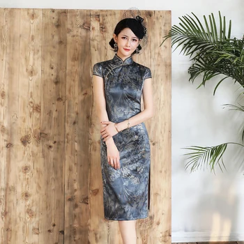 

Short Sleeve Cheongsam Knee Length Elegant Women Mandarin Collar Party Dress Sexy Summer Evening Qipao Button Vestido M - 4XL