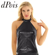Женский жилет из искусственной кожи с эффектом мокрого вида для танцев на шесте, топы с бретельками на шее, без рукавов, без спинки, с пряжкой, для Рейв, танцевальные топы, жилет, клубная одежда