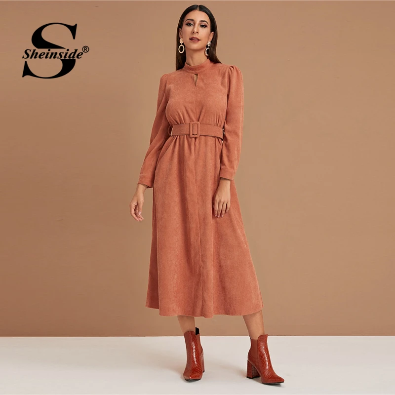

Sheinside Elegant Stand Collar Corduroy Dress Women 2020 Spring High Waist Belted Maxi Dresses Ladies Orange A Line Dress