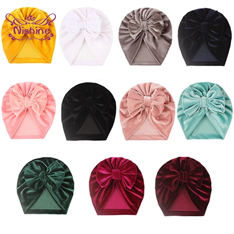 

Nishine Solid Color Handmade Bowknot Baby Hats Soft Skin-friendly Warm Gold Velvet Infant Caps Fashion Bows Bonnet Birthday Gift