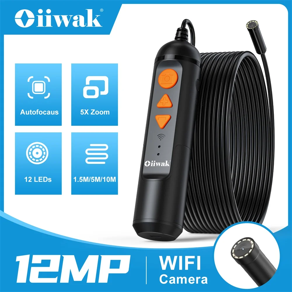 Oiiwak 12MP Car Endoscope  Autofocus WiFi Endoscope Mini Camera 5X Zoom Camera Endoscope for Android IOS Underwater Camera