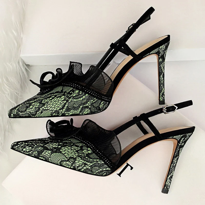 

2020 Women Summer 9cm High Heels Lace Sandals Lady Fetish Stiletto Pumps Female Escarpins Strappy Mesh Party Green Purple Shoes