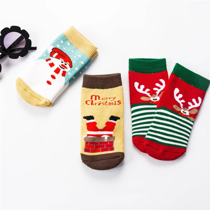 3 пары, рождественские носки теплые нескользящие носки с рисунком снежинок, медведя, лося, Санта-Клауса для маленьких мальчиков и девочек, комплект От 1 до 4 лет, A20