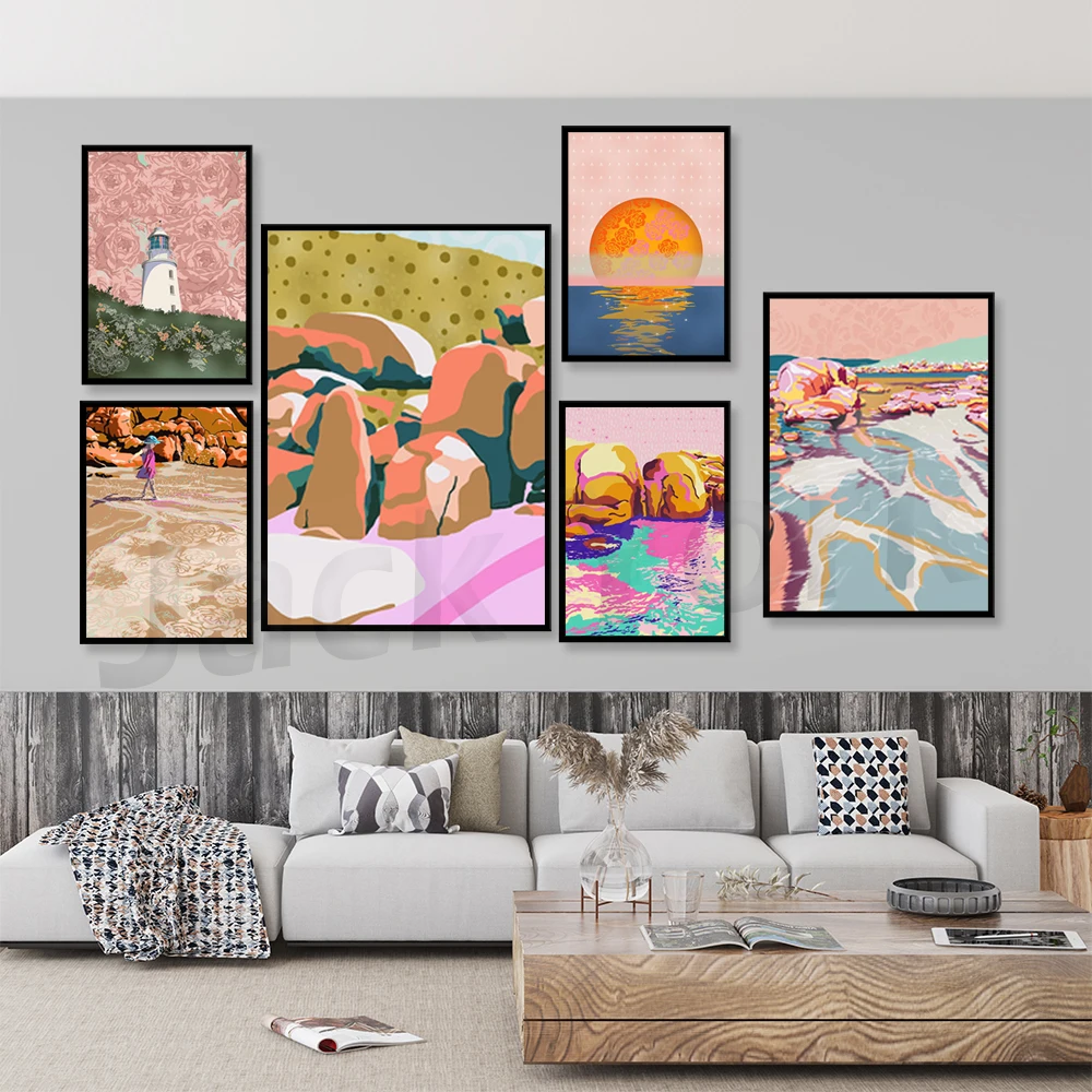 Modern beach colourful gallery wall prints -  pastel pink yellow illustrations - Retro bright artwork maximalist wall art