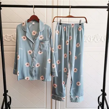 

HaloSweet 2020 New Arrival High Quality Slik Print Full Turn-down Collar Autumn Full Length Pajama Sets Wholesale Sleepwear