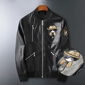 

PU Leather Jacket Male Fashion 2020 Galeries Lafayette Sequin Embroidered Baseball Collar Ozhouzhan MEN'S Leather Clothing Male