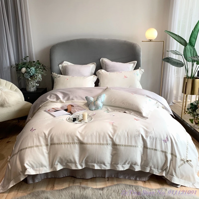 4pcs Bedding Set Simple pure cotton 80TC long-staple Duvet Cover embroidery butterfly quilt cover girl heart 1.8mBedsheet | Дом и сад
