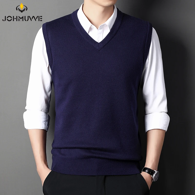 JOHMUVVE Men V-neck Vest Trend Retro Solid Color All-match Casual Business Work Woolen Knit Autumn men sweater vests mens knitted vest