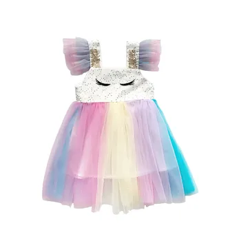 

Dresses for girls summer rainbow Gauze Princess dress Baby girl Halloween dress lovely Shiny