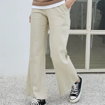 

Hzirip Autumn Simple Slender Basic Loose Linen Plus 2019 Brief Chic High Street Casual Solid All Match Straight Apricot Trousers