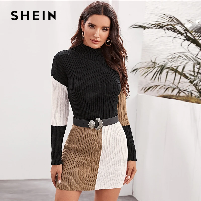 SHEIN Cut and Sew Bodycon Sweater Dress Without Belt Women Autumn Winter Stand Collar Knitted Straight Elegant Pencil Dresses