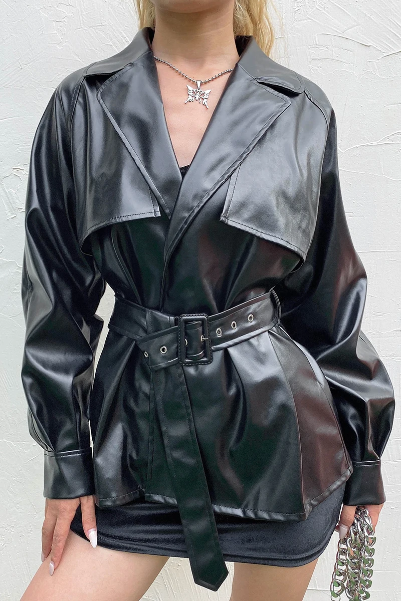 Женская зимняя куртка, осенняя сексуальная кожаная куртка с поясом, уличная мотоциклетная ветровка, пальто, модная одежда - Цвет: Черный