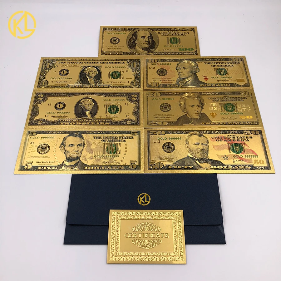 

7pcs/Set America Money Set 1 2 5 10 20 50 100 Dollar Gold Banknotes in 99.9% Gold Plated Fake Money For Collection