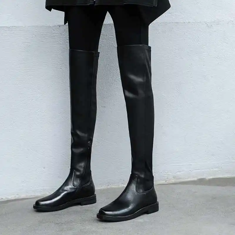Lenkisen/растягивающиеся сапоги из коровьей кожи зимние теплые женские Сапоги выше колена на среднем каблуке с круглым носком в сдержанном стиле; L21 - Цвет: Черный