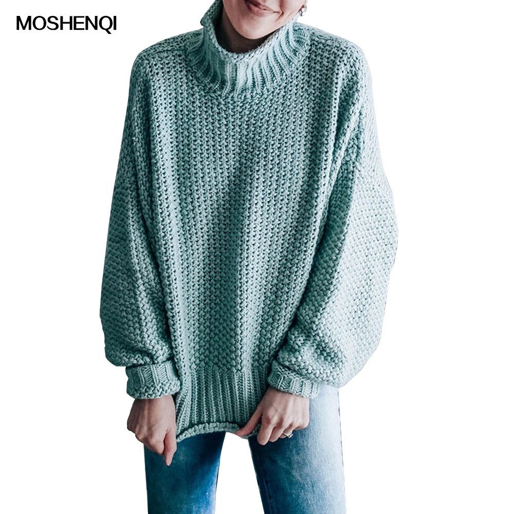 

MOSHENQI Turtleneck Sweaters Women Winter Solid Plus Size 3XL Knitted Pullover Thick Knitwear Top Loose Sweater Jumper Female