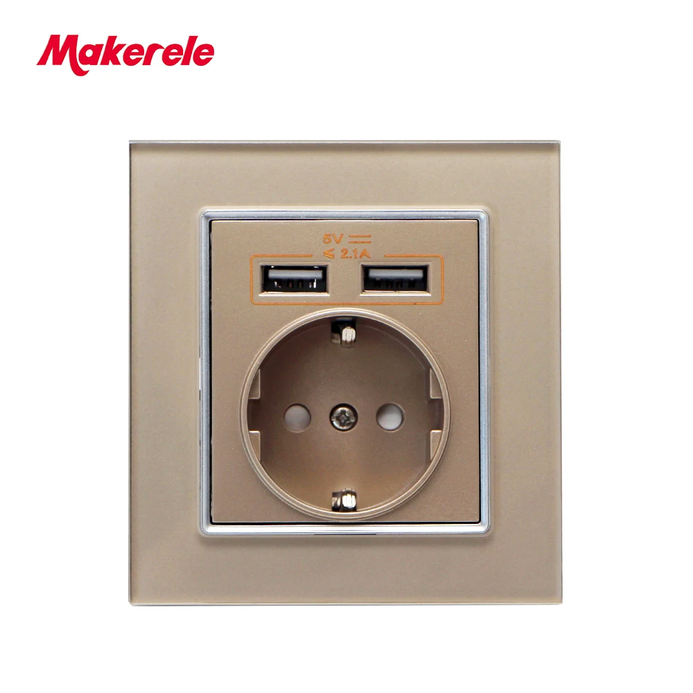 Makerele Wall Power Outlet Glass Panel 16A EU Standard Socket with 2100mA Dual USB three colors | Обустройство дома