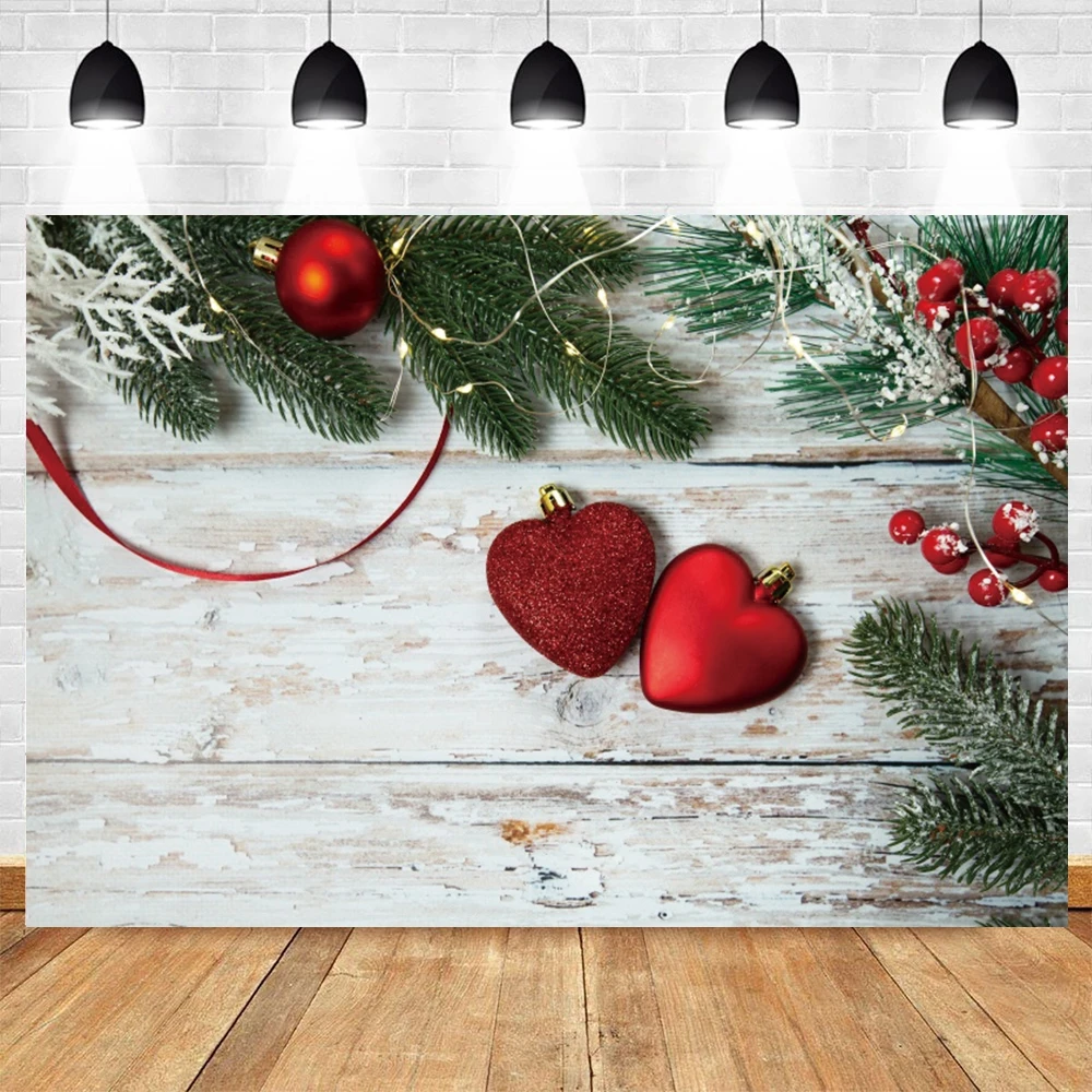 

Christmas New Year Party Valentine's Day Baby Interior Photography Background Winter Red Heart Pine Board Backdrop Studio Shoot