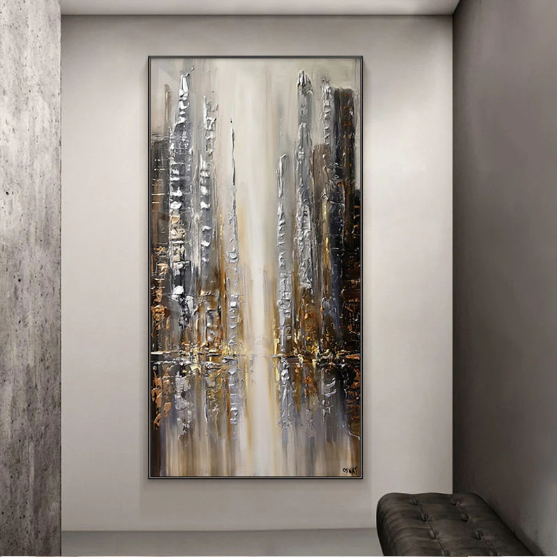 Handmade Gold Silver Fantasy City Oil Painting On Canvas Large Size Modern Abstract Vertical Art Picture For Home Wall Decor painting with calligraphy