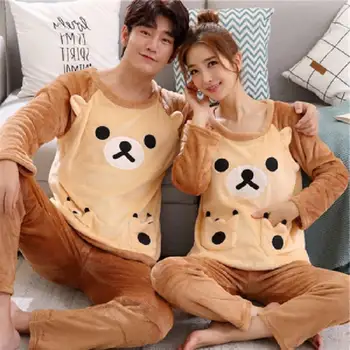 

Autumn and Winter Thickened Flannel Couple Pajamas Women Korean Long-sleeved Cute Thickening Men's Home Service Warm Suit