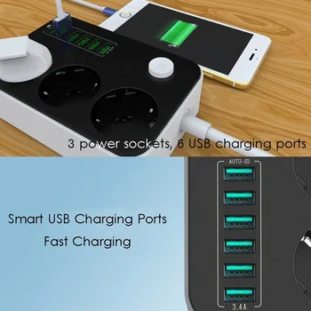 

2500W 10A Socket Charger 6 USB Ports Universal Surge Protection Charging Ports Power Strips EU Plug Household Extension