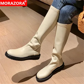 

MORAZORA 2021 Genuine Leather Boots Comfortable Med Heels Round Toe Knee High Boots Autumn Winter Women Boots Black White