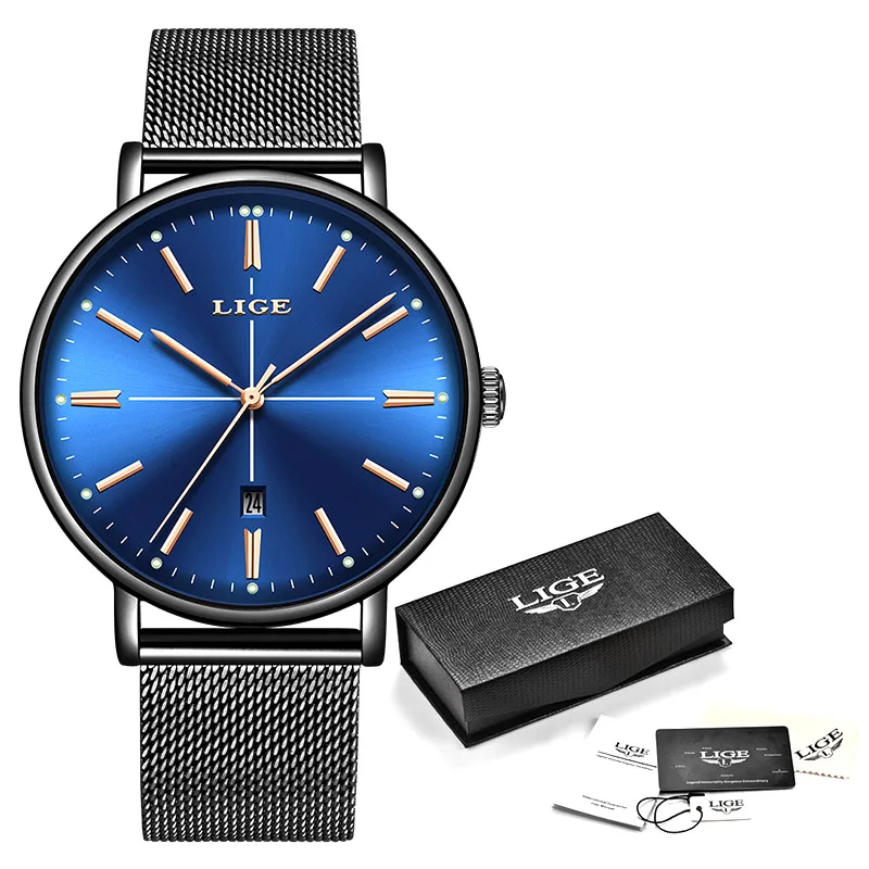 Relogio Feminino LIGE, новые синие часы, женские роскошные брендовые модные часы, кварцевые часы для девушек, полностью стальной сетчатый ремешок, водонепроницаемые часы - Цвет: black blue