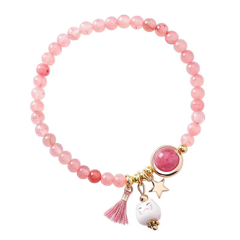 Hand-knitted Ceramic Lucky Cat Charm Rope Bracelets Tassel Beads for Women bracelet jewelry,shell charm bracelets