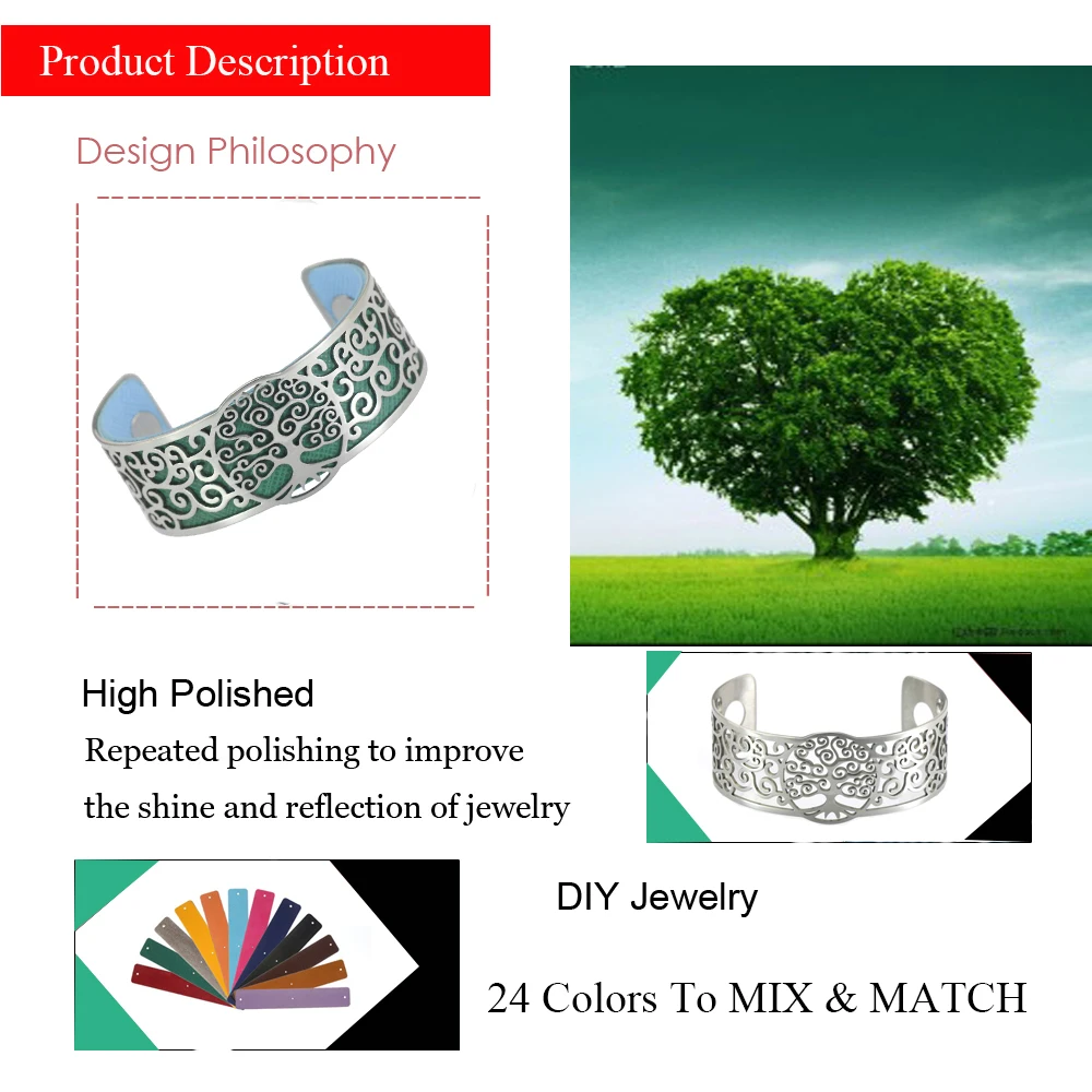 Life Tree Cuff Bracelets  & Bangles For Women Bijoux Stainless Steel Bracelet Manchette Interchangeable Leather Jewelry 2022