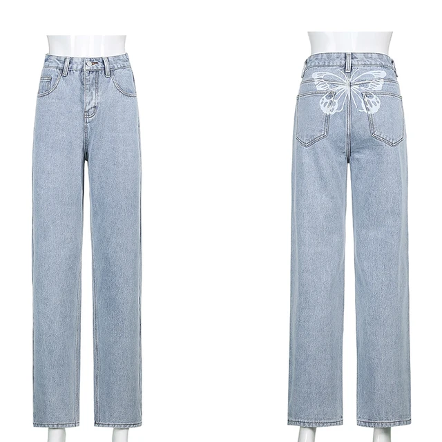 Hip Butterfly Print Fashion Women Streetwear Casual Baggy Straight Jeans 5