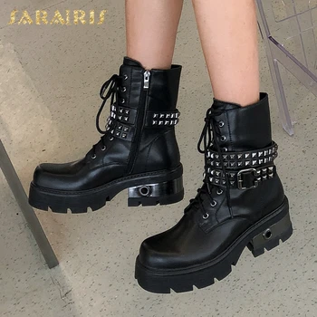 

Sarairis 2020 New Fashion British Style Platform Non-Slip Ankle Boots Female Chunky Heels Mature Motorcycle Boots Woman Shoes