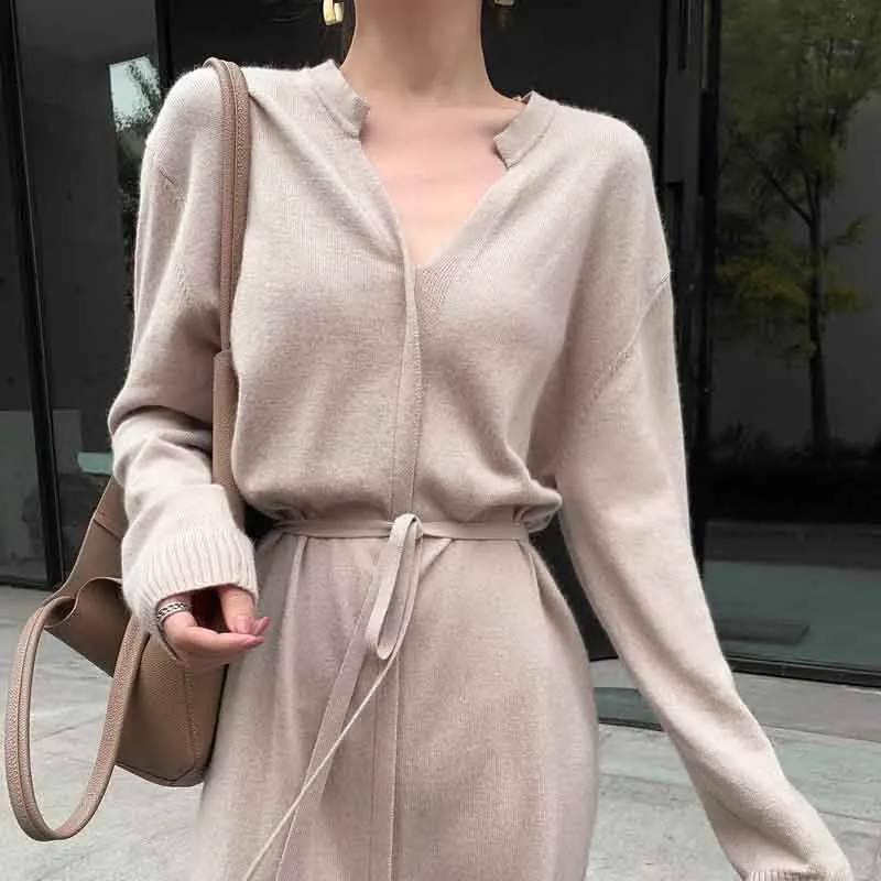

2020 Autumn Winter Korean Version Simplicity Women Knit Dress Casual Long Sleeve Dress Bandage Vestidos Femme Elegante Dresses
