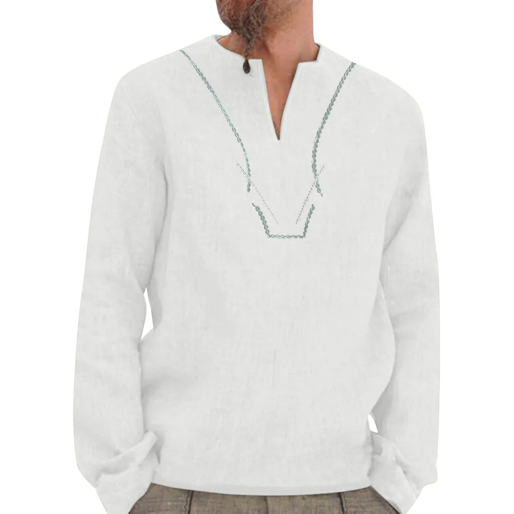Мужская Повседневная Блузка хлопковая льняная рубашка свободные топы с длинными рукавами футболка Shirts-2XL Осень Зима Повседневная Красивая Мужская рубашка# G8 - Цвет: Белый
