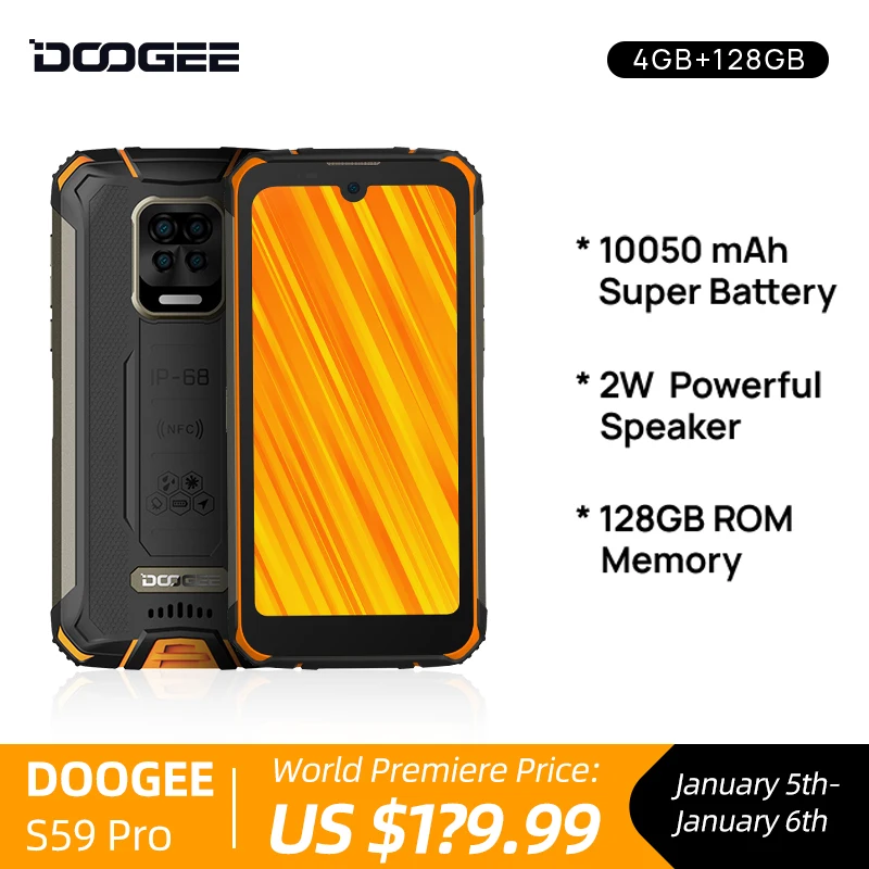 World Premiere Pre-Sale 10050mAh Super Battery DOOGEE S59 Pro IP68/IP69K 4+128GB NFC Rugged Smartphone 2W Loud Volume Speaker