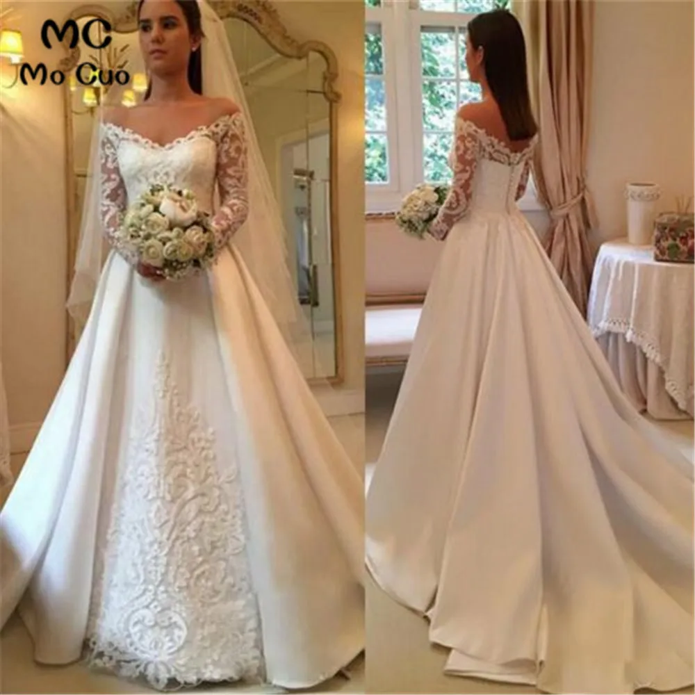 long sleeve off the shoulder bridal gowns