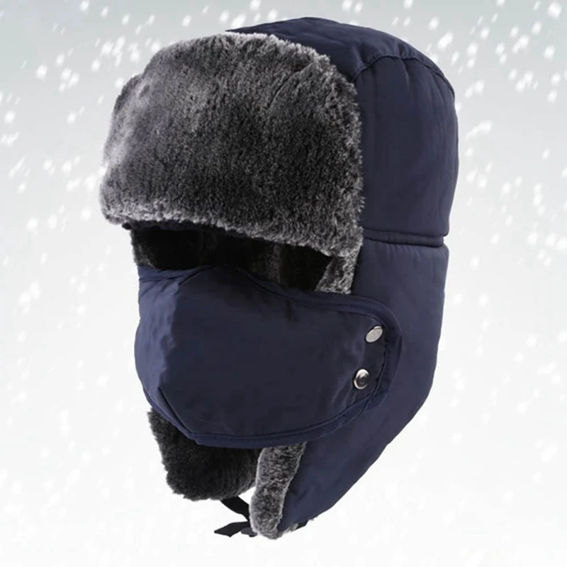 Зимние меховые мужские шапки-бомберы защищающие от ветра толстые теплые зимние женские шапки маска для лица русская ушанка шапка - Цвет: HT3420NV