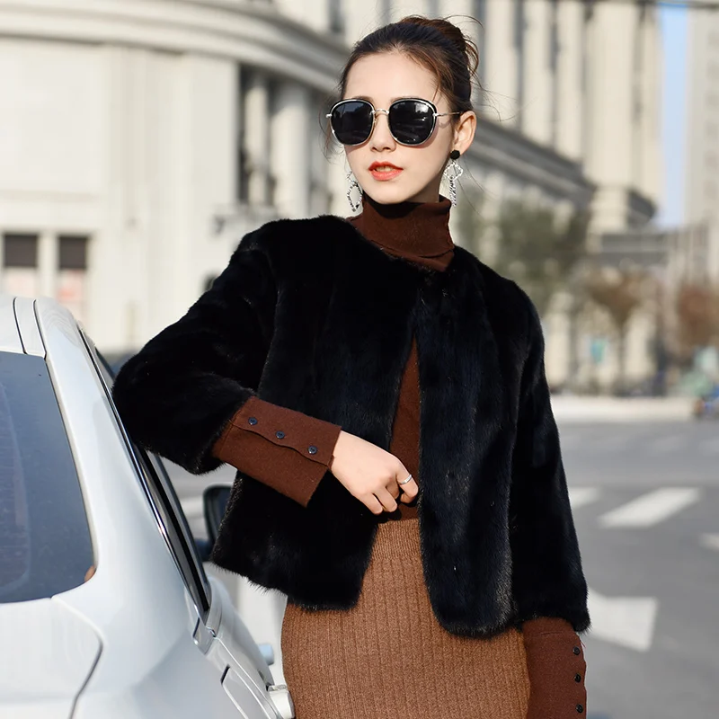 inverno novo casaco de pele de vison das mulheres simples moda em torno do pescocha da folha de lótus С Коротким Рукавом casaco de