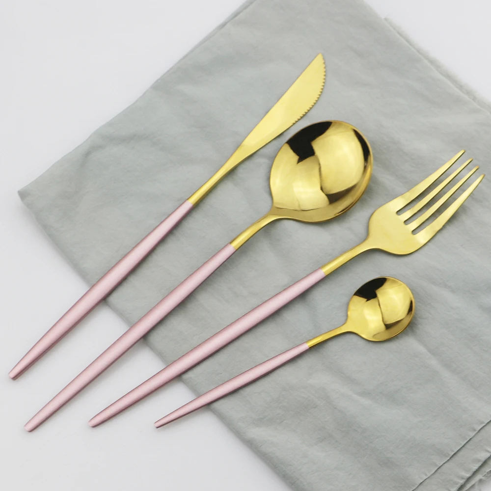 

Pink Gold Cutlery Set 18/10 Stainless Steel Dinnerware Knives Forks Spoons Dinner Set Kitchen Tableware Silverware Drop Shipping