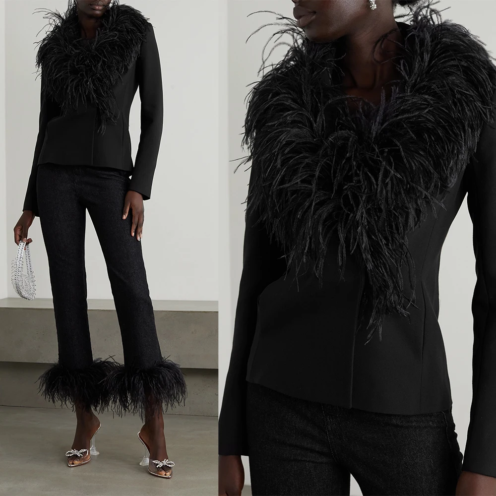 RedCarpetFashionOstrichFeatherSuitSetBlackWomenEveningPartyTuxedosFormalWearFor