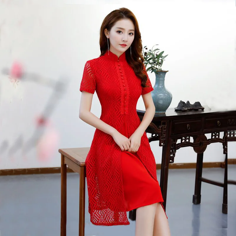 Короткое стильное Черное женское Мини Cheongsam летнее китайское кружевное тонкое элегантное платье Qipao Новое поступление Vestidos Размер M L XL XXL XXXL - Цвет: red