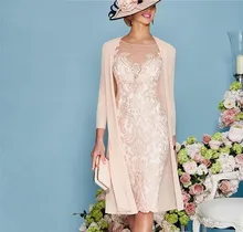 Knee Length Pink Lace Mother of the Bride Dresses with Jacket Two Pieces 2021 Full Sleeve Sheath Slim Formal Party Gown Dress